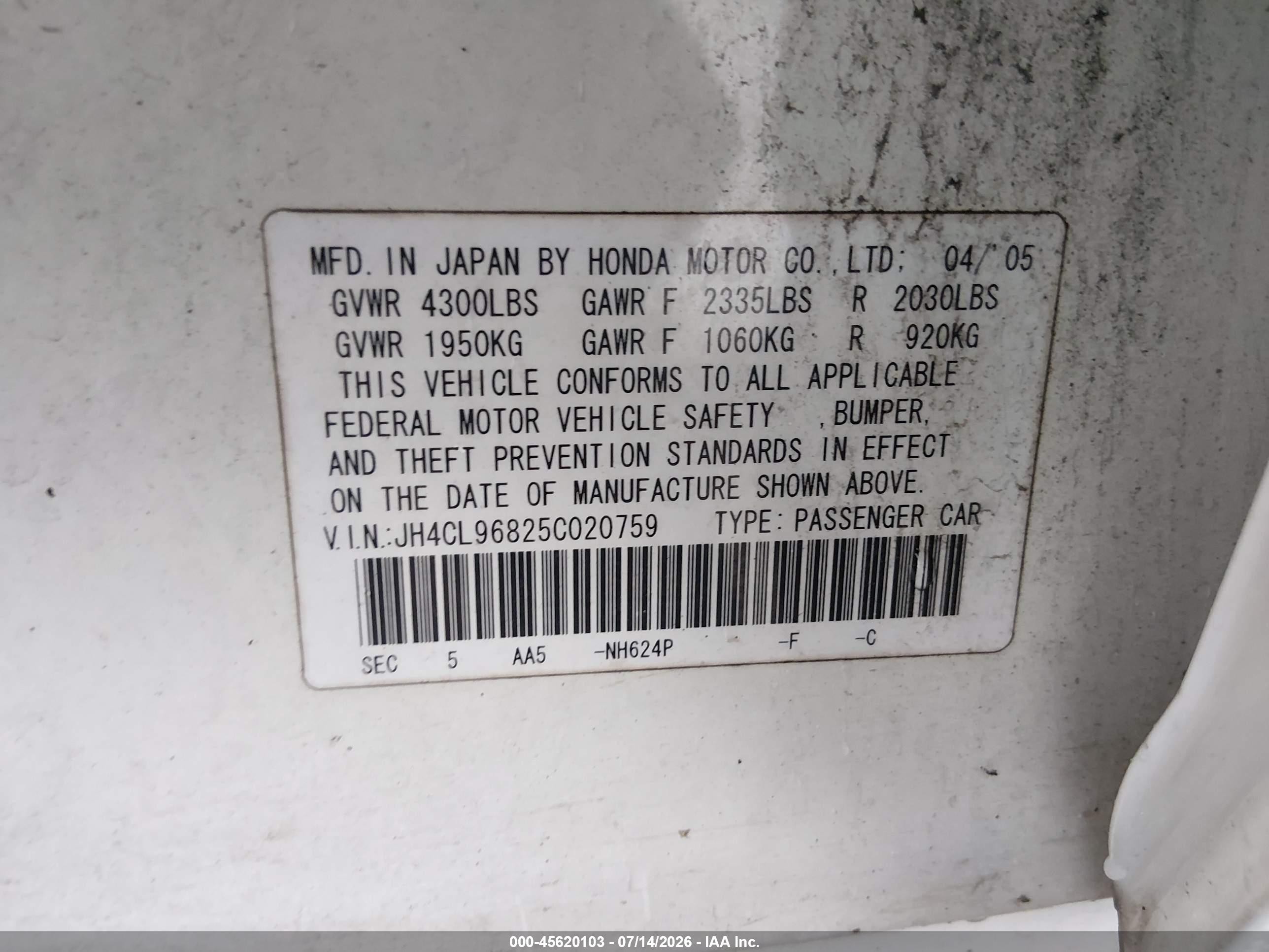 2005 Acura Tsx   White vin: JH4CL96825C020759