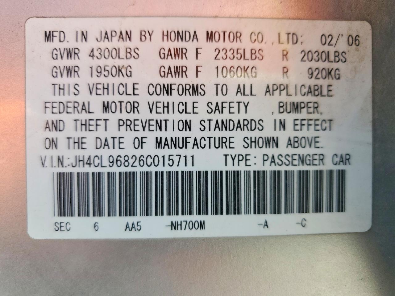 2006 Acura Tsx Silver vin: JH4CL96826C015711