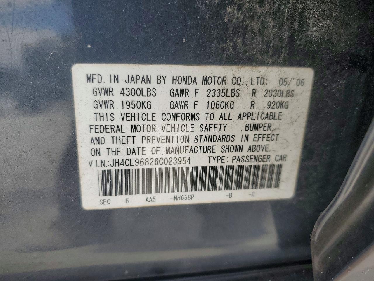 2006 Acura Tsx Gray vin: JH4CL96826C023954