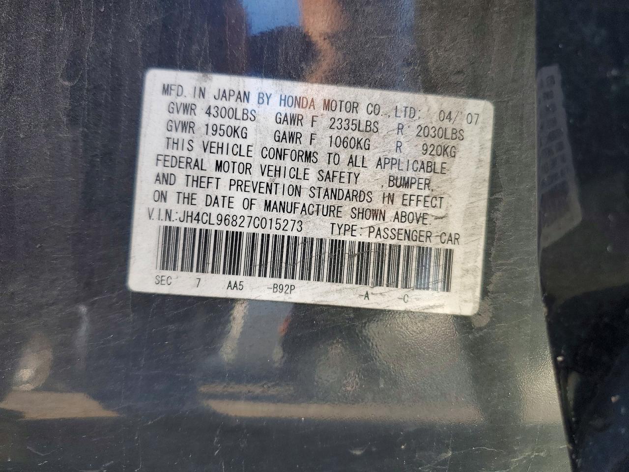 2007 Acura Tsx Black vin: JH4CL96827C015273