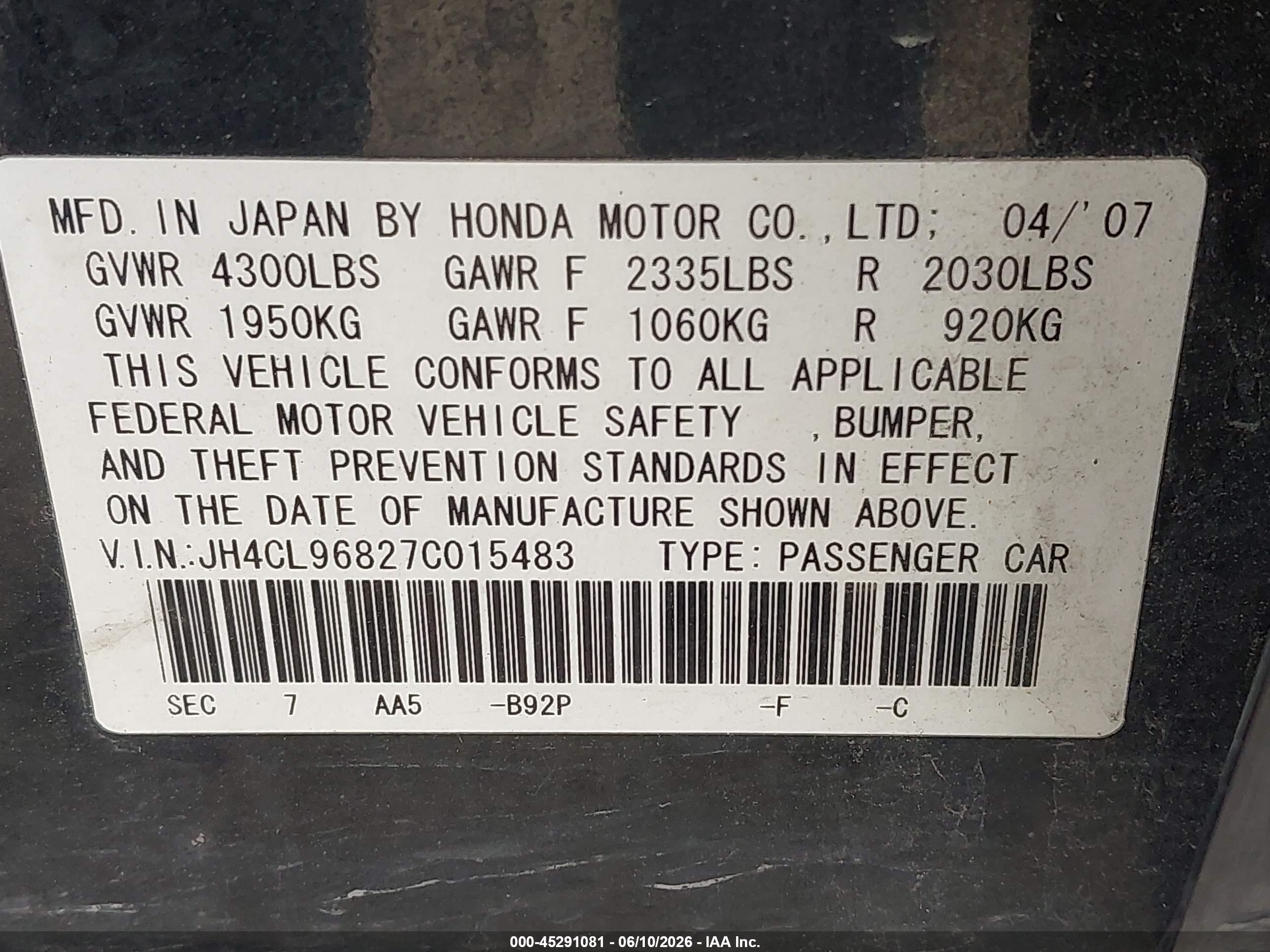 2007 Acura Tsx   Black vin: JH4CL96827C015483