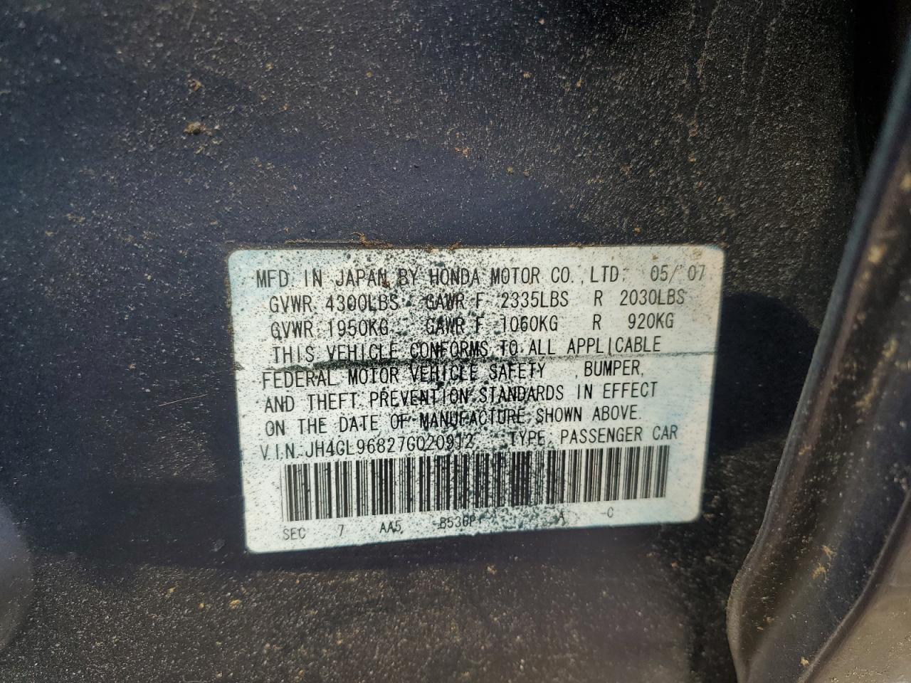 2007 Acura Tsx Blue vin: JH4CL96827C020912
