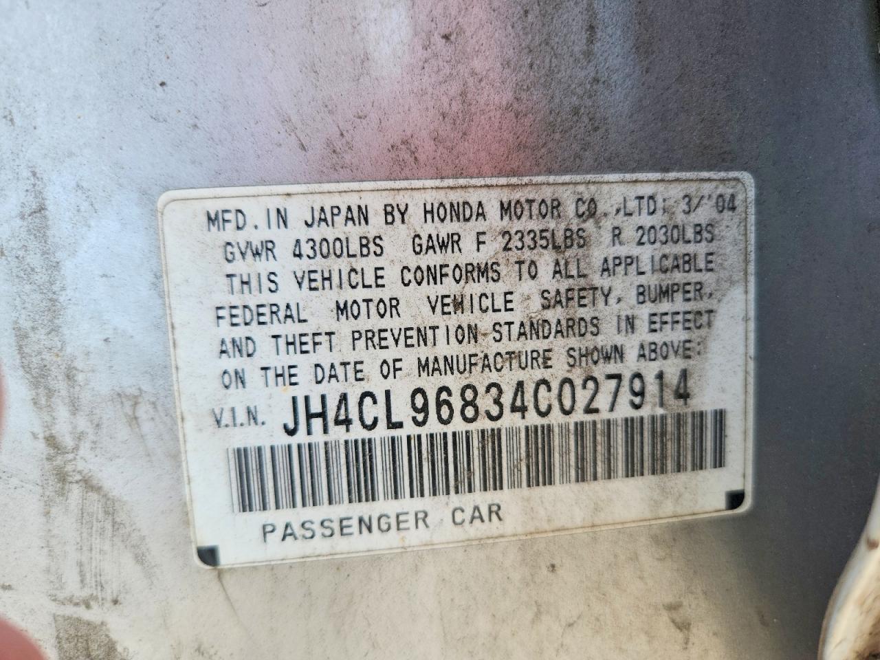 2004 Acura Tsx Silver vin: JH4CL96834C027914