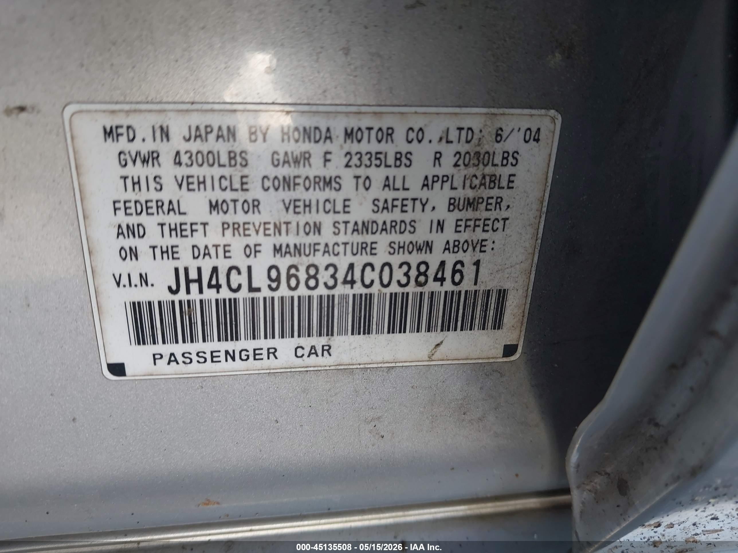 2004 Acura Tsx   Silver vin: JH4CL96834C038461