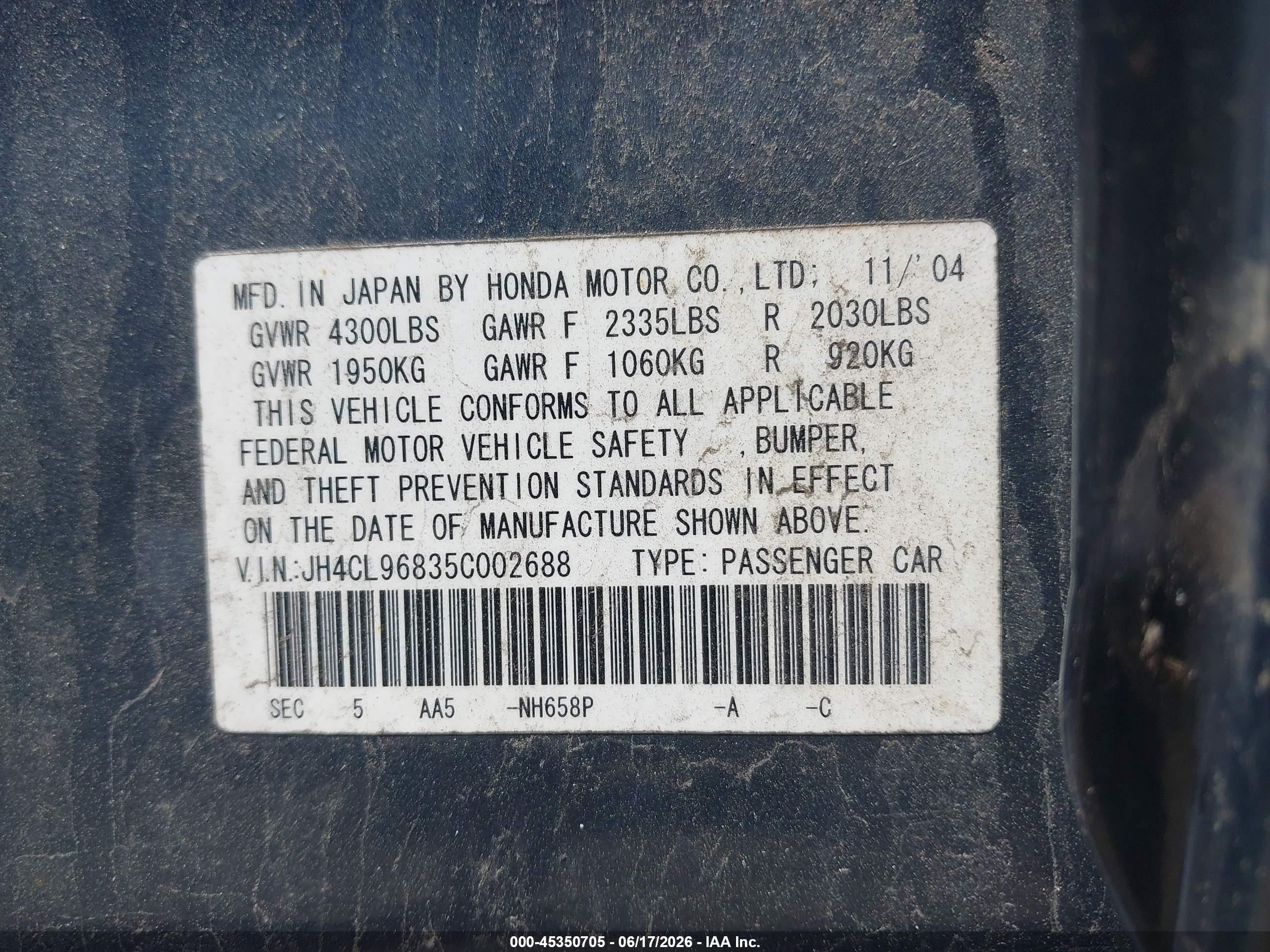 2005 Acura Tsx   Gray vin: JH4CL96835C002688