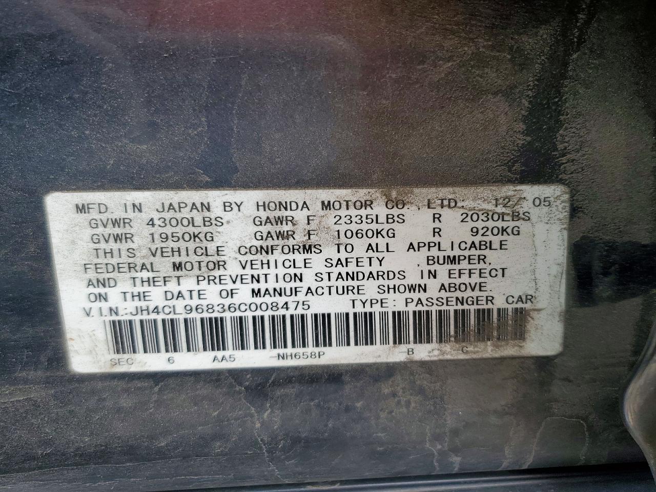 2006 Acura Tsx Gray vin: JH4CL96836C008475