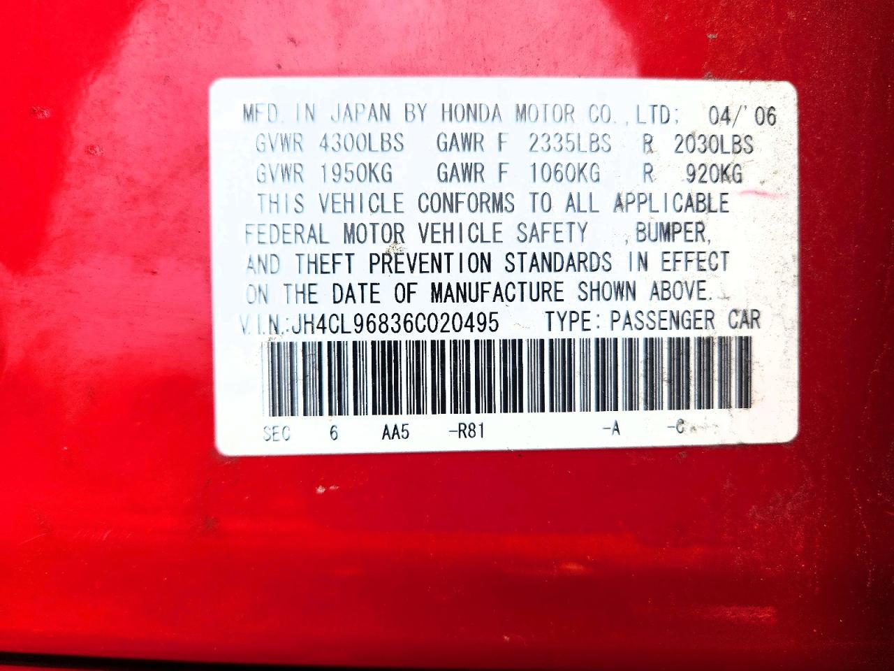 2006 Acura Tsx Red vin: JH4CL96836C020495