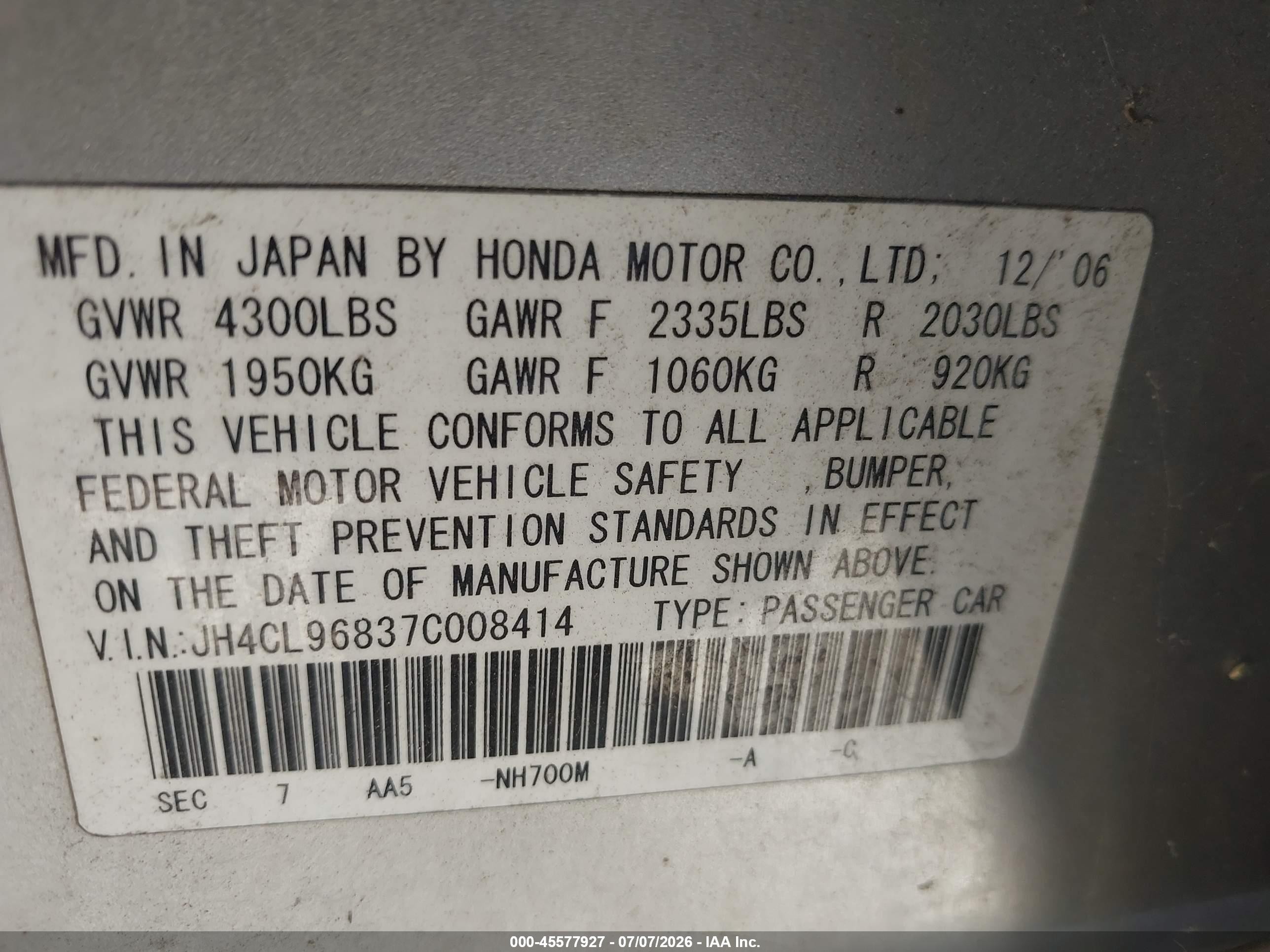 2007 Acura Tsx   Silver vin: JH4CL96837C008414