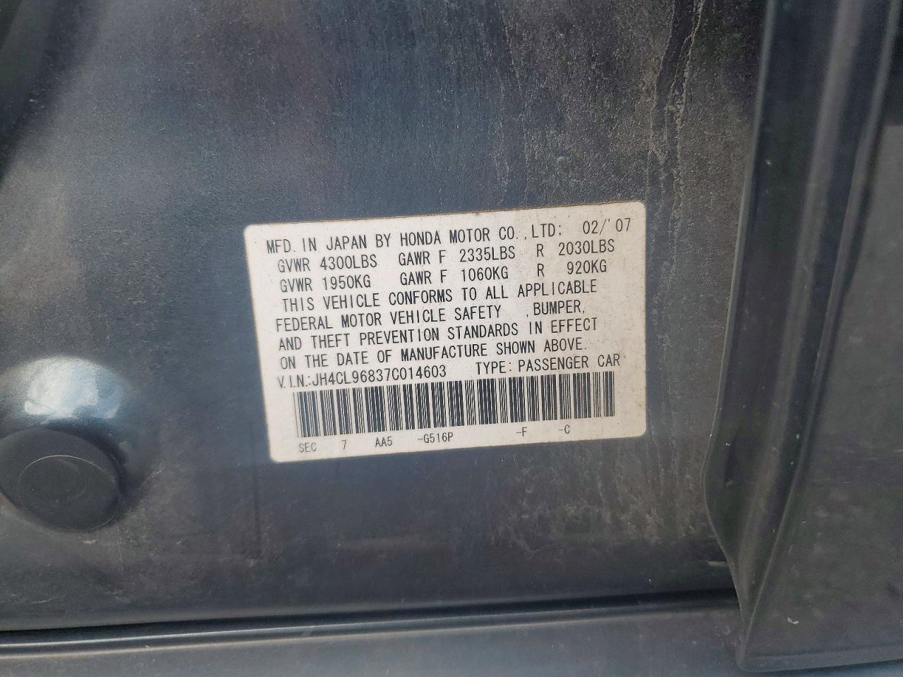 2007 Acura Tsx Green vin: JH4CL96837C014603