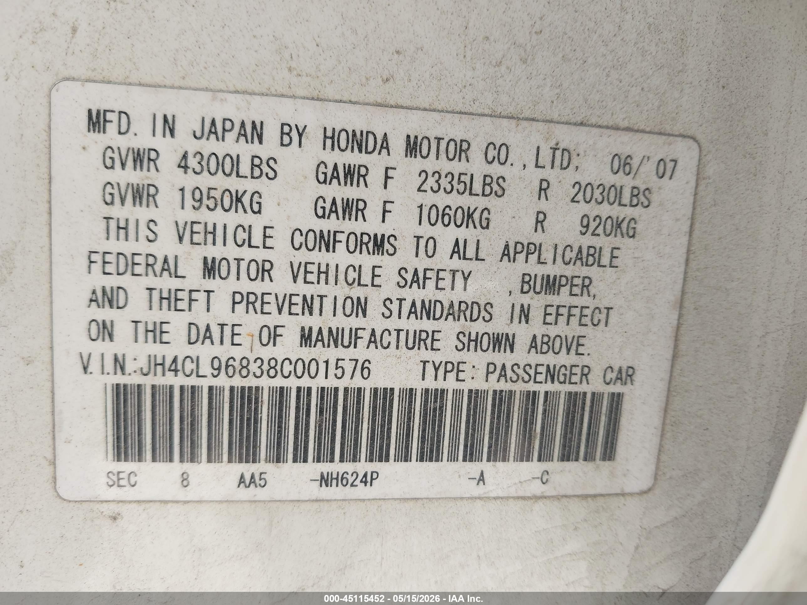 2008 Acura Tsx   White vin: JH4CL96838C001576