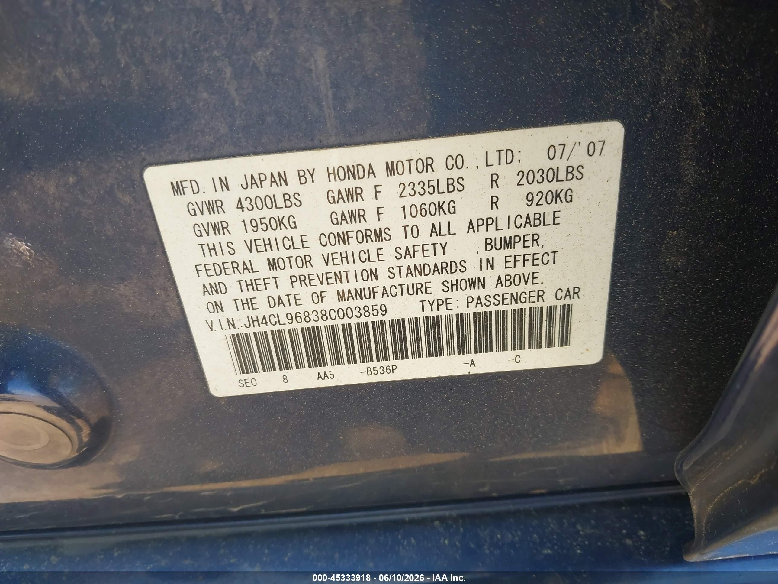2008 Acura Tsx   Blue vin: JH4CL96838C003859