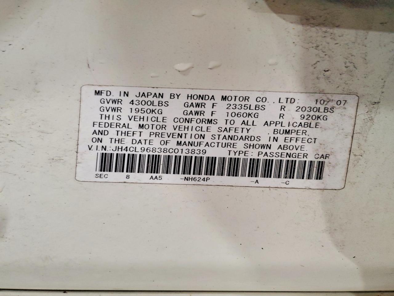 2008 Acura Tsx White vin: JH4CL96838C013839