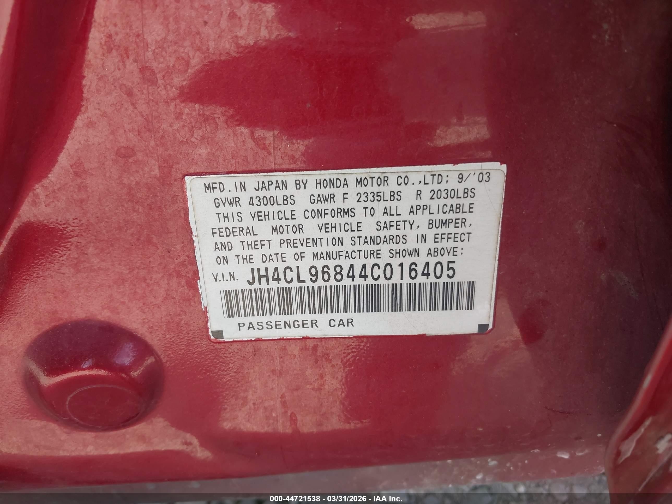 2004 Acura Tsx Burgundy vin: JH4CL96844C016405