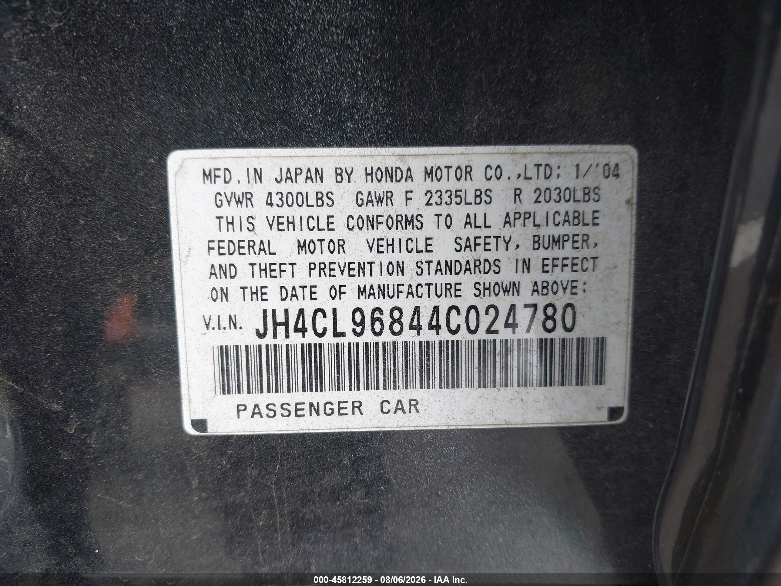 2004 Acura Tsx White vin: JH4CL96844C024780