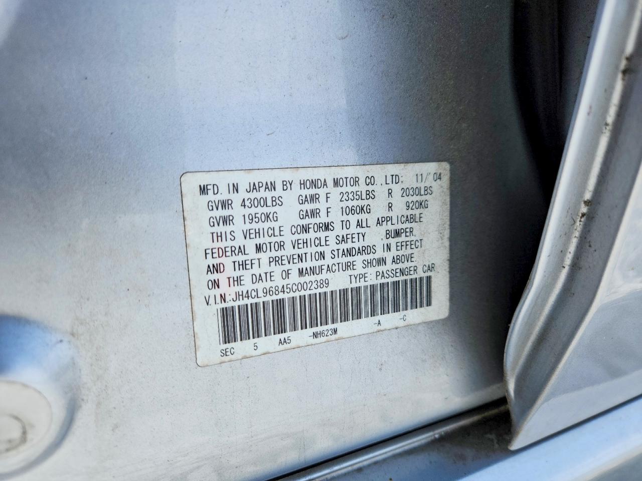 2005 Acura Tsx Silver vin: JH4CL96845C002389