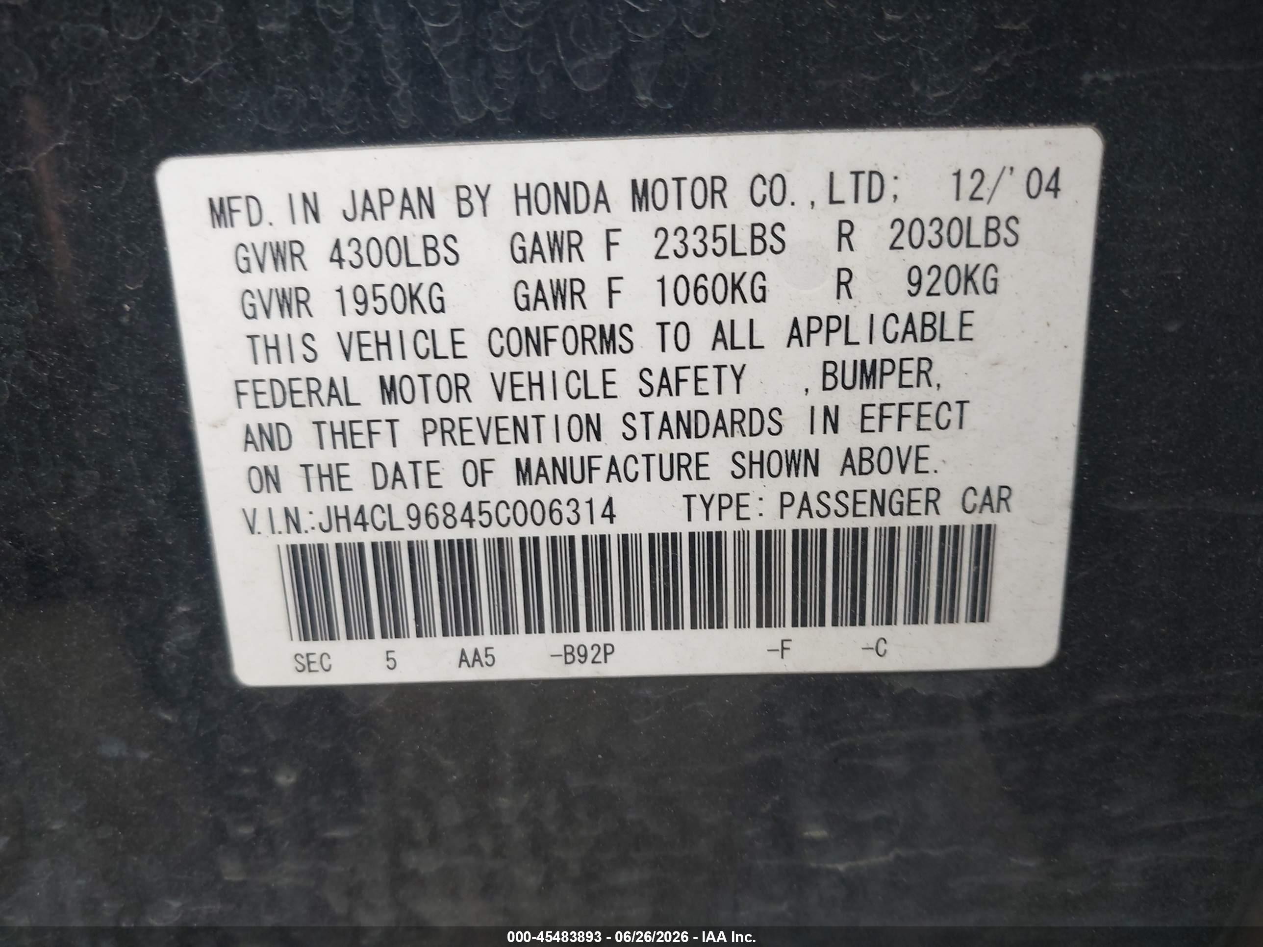 2005 Acura Tsx   Black vin: JH4CL96845C006314