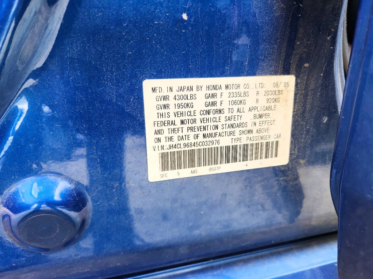 2005 Acura Tsx Blue vin: JH4CL96845C032976