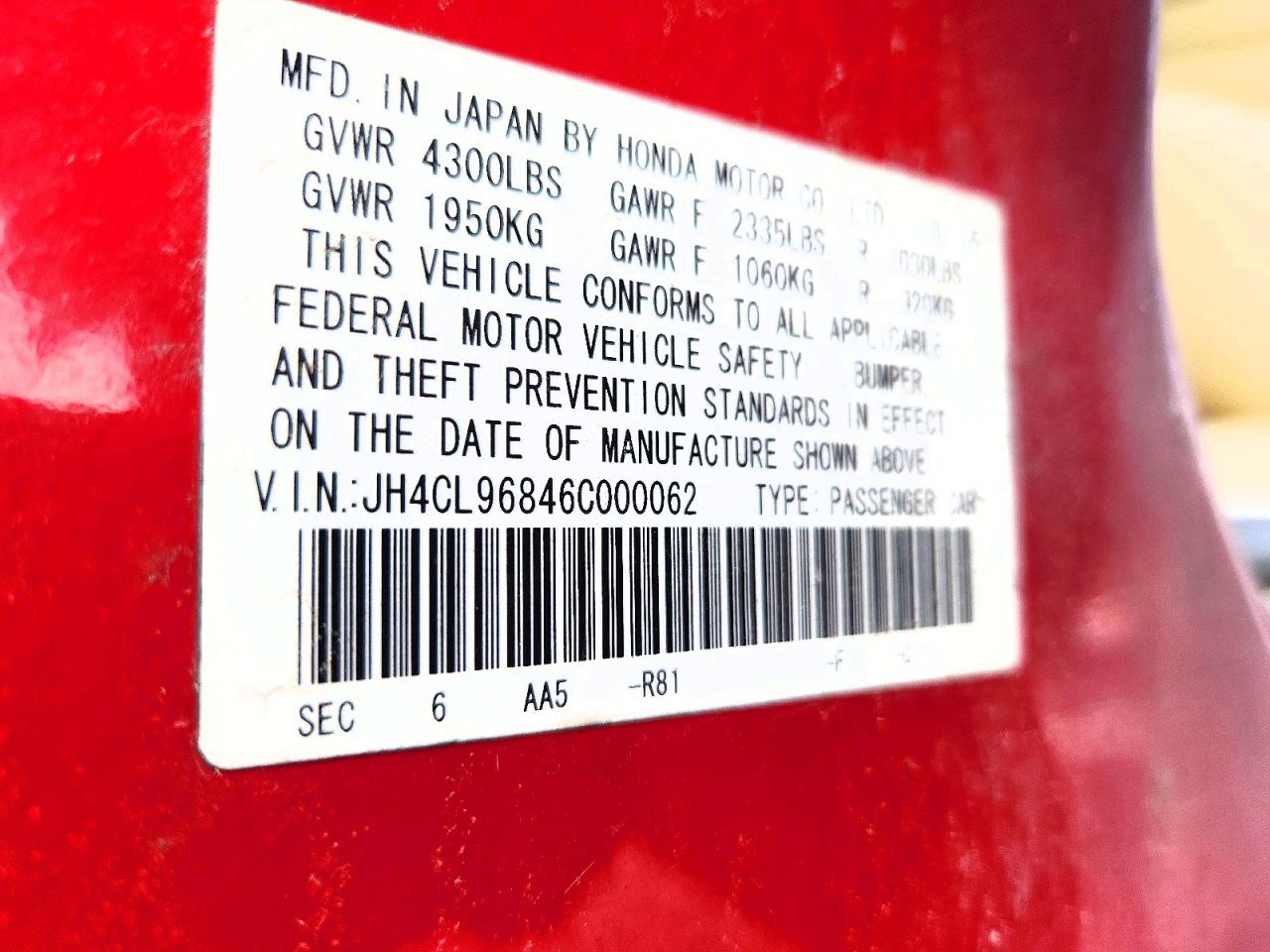 2006 Acura Tsx Red vin: JH4CL96846C000062