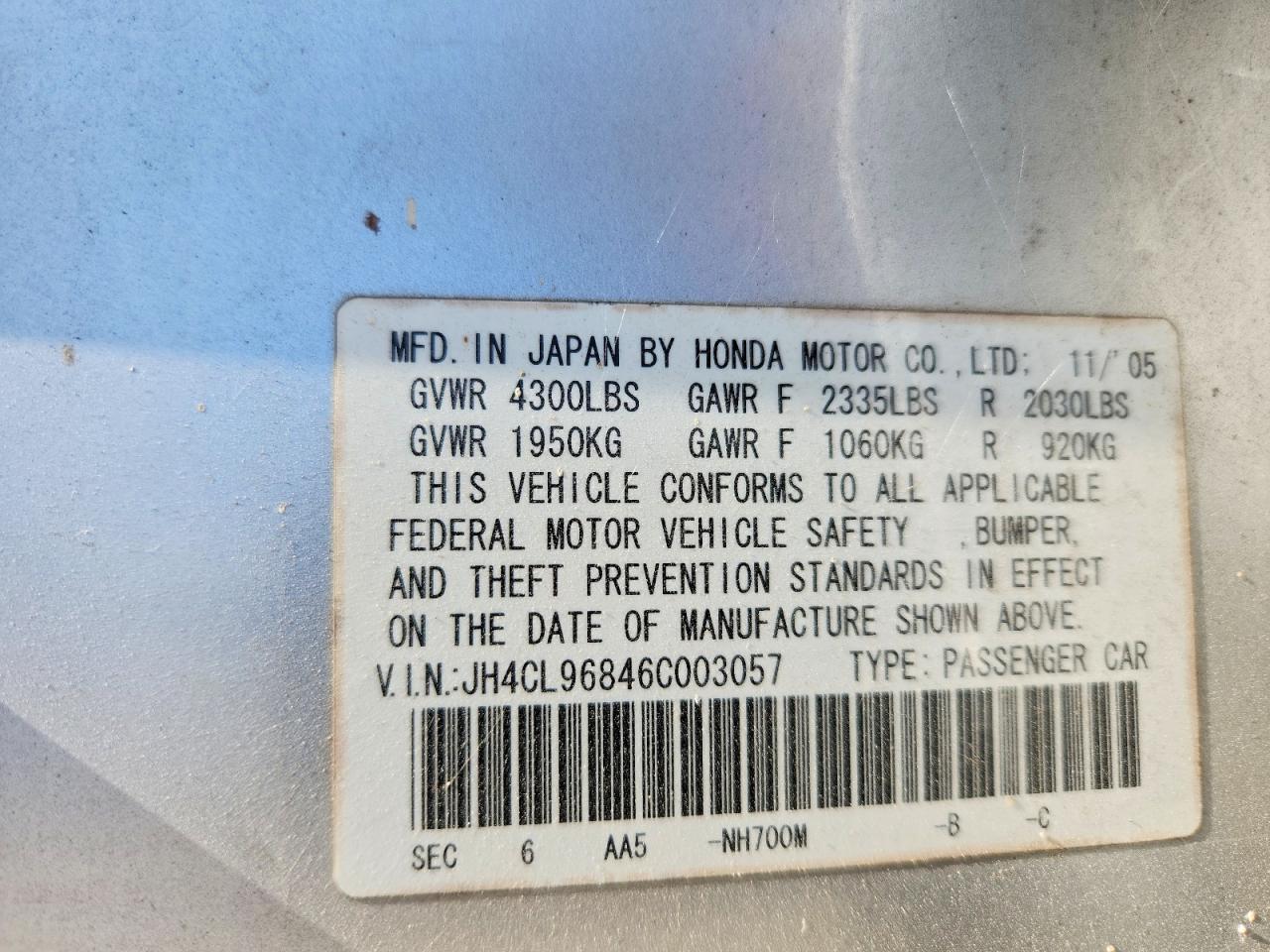 2006 Acura Tsx Silver vin: JH4CL96846C003057