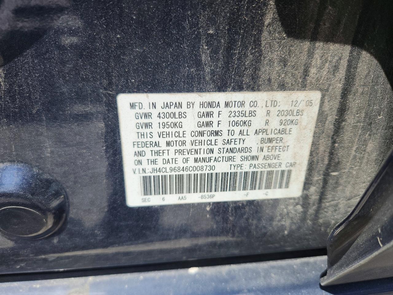 2006 Acura Tsx Blue vin: JH4CL96846C008730