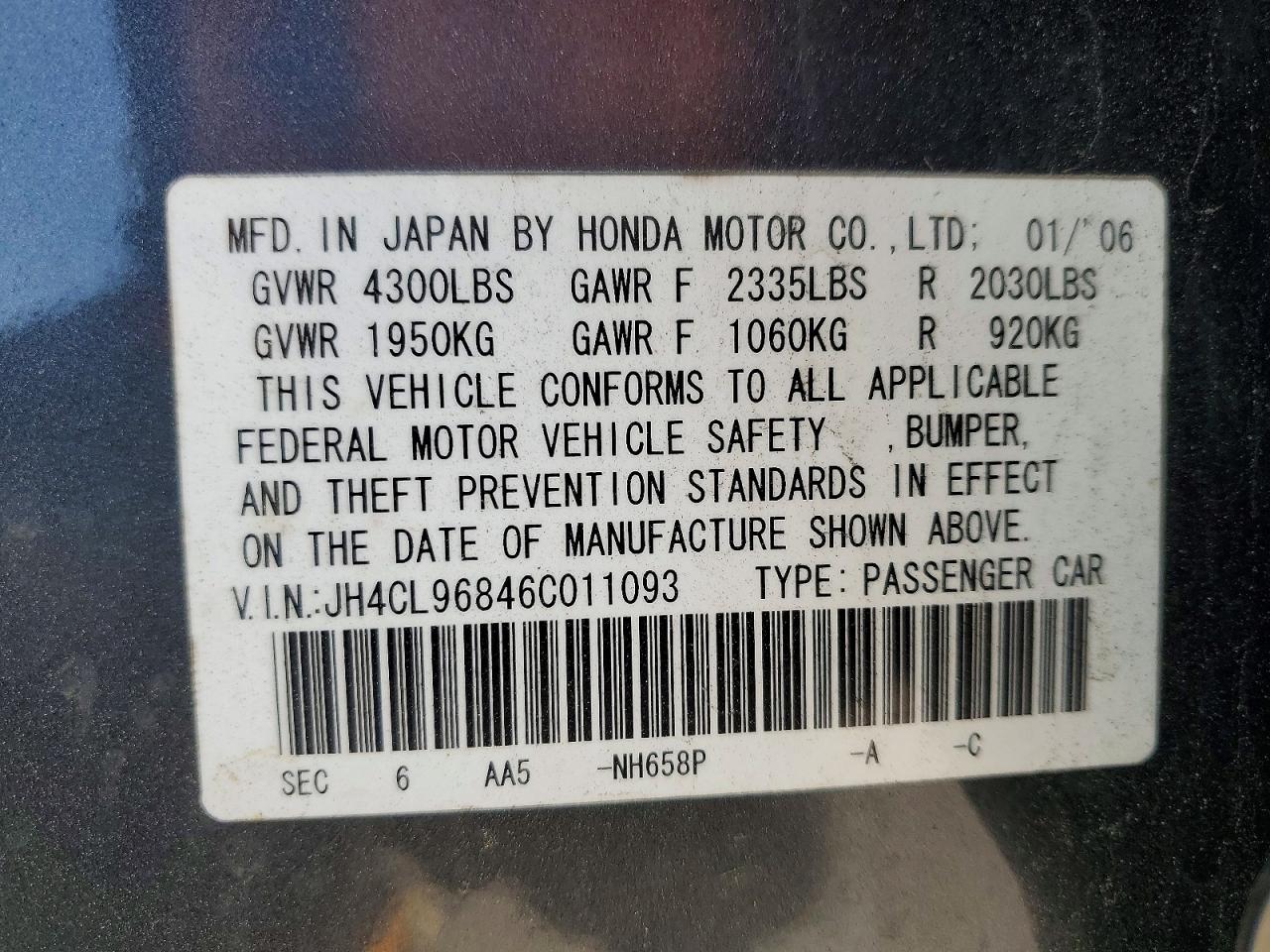2006 Acura Tsx Charcoal vin: JH4CL96846C011093