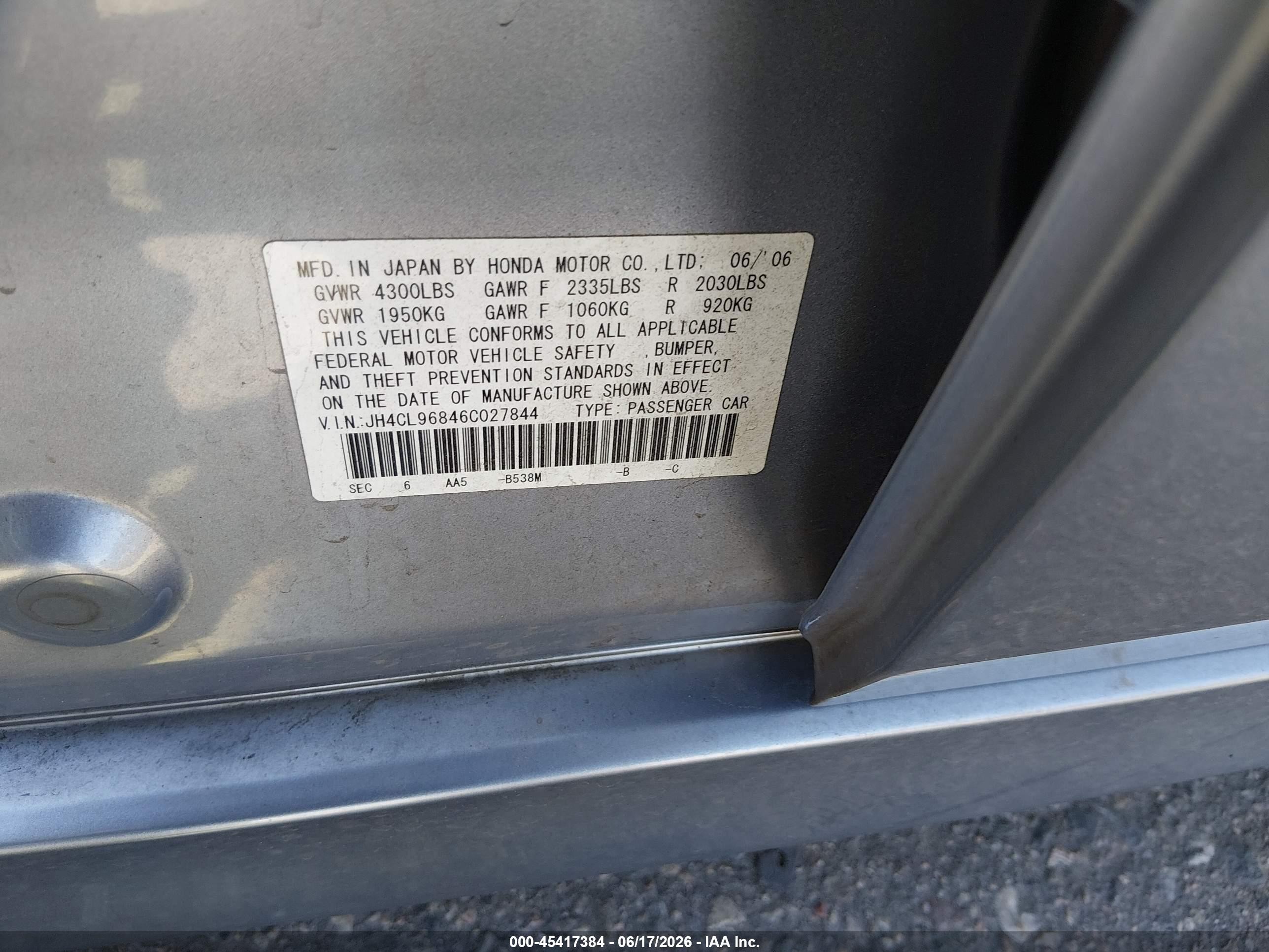 2006 Acura Tsx   Gray vin: JH4CL96846C027844