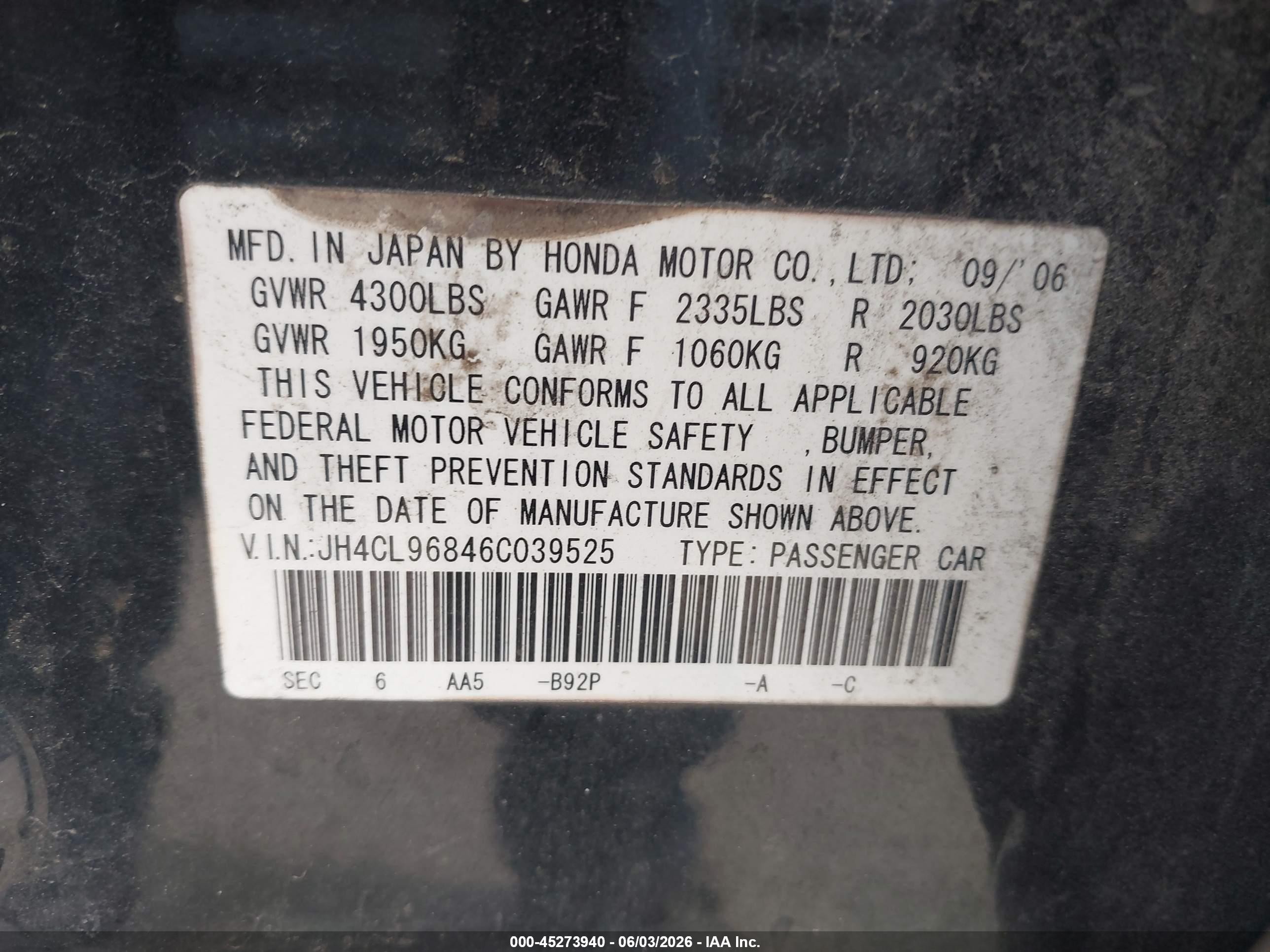2006 Acura Tsx   Black vin: JH4CL96846C039525
