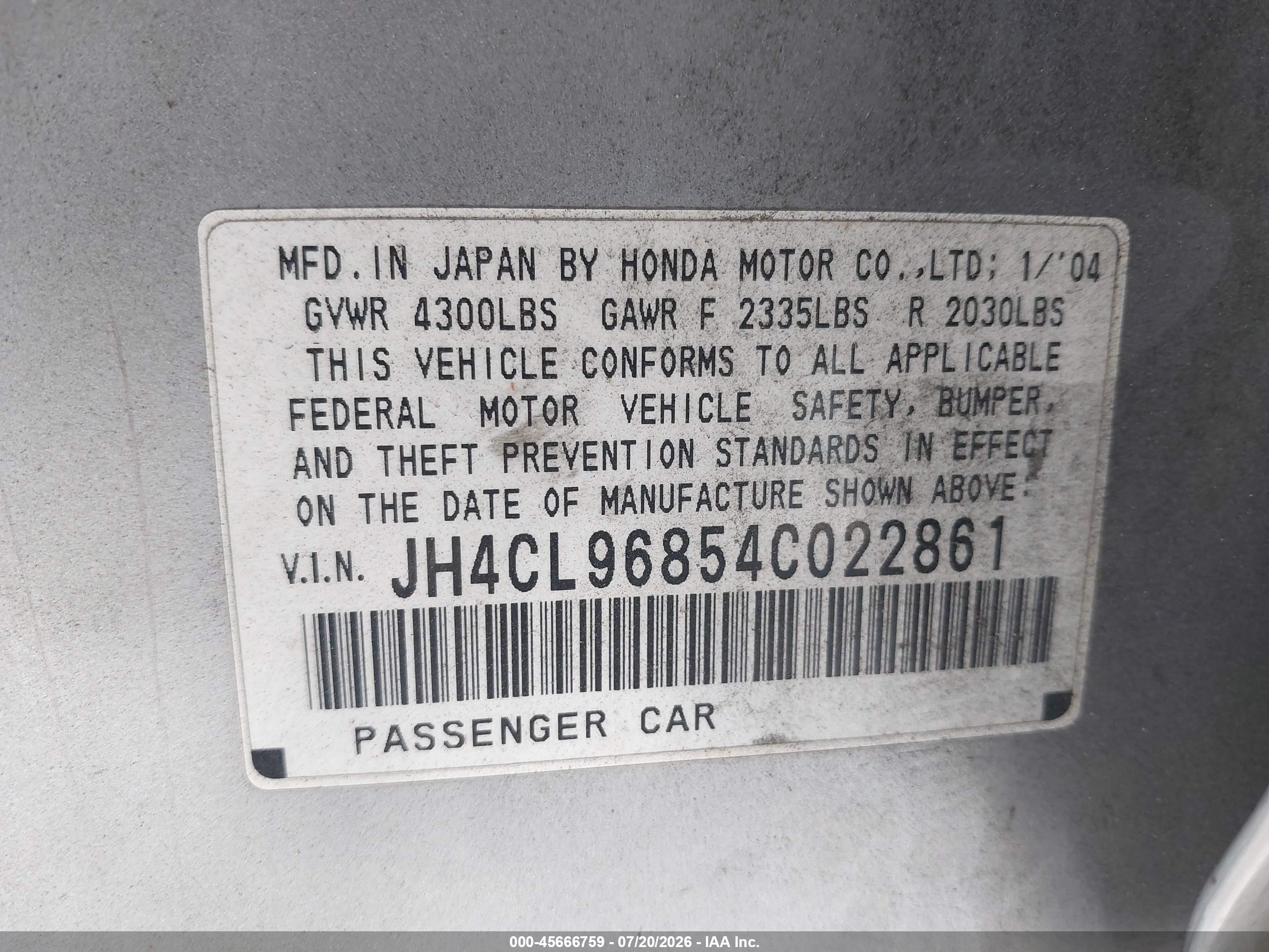 2004 Acura Tsx   Silver vin: JH4CL96854C022861