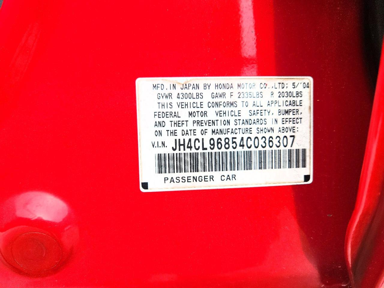 2004 Acura Tsx Red vin: JH4CL96854C036307