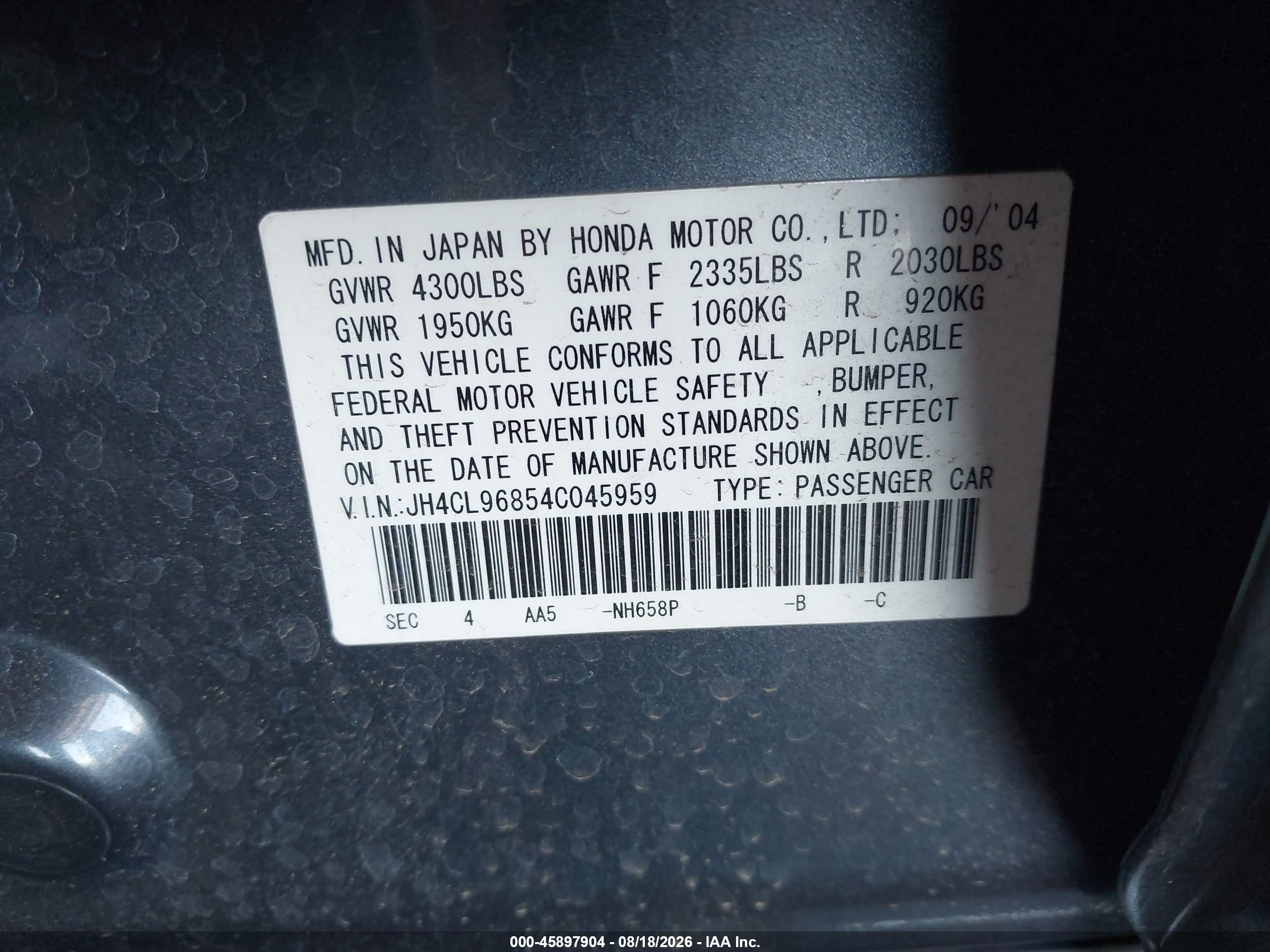 2004 Acura Tsx   Gray vin: JH4CL96854C045959