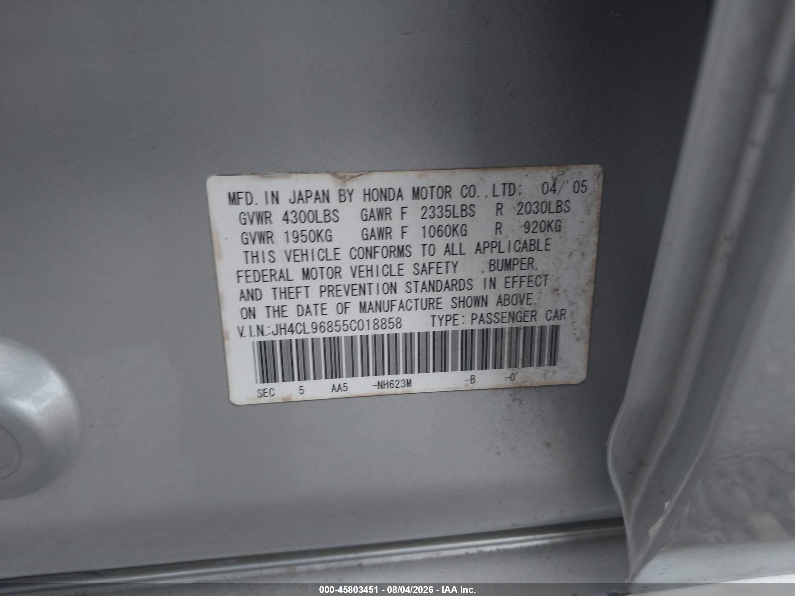 2005 Acura Tsx   Silver vin: JH4CL96855C018858