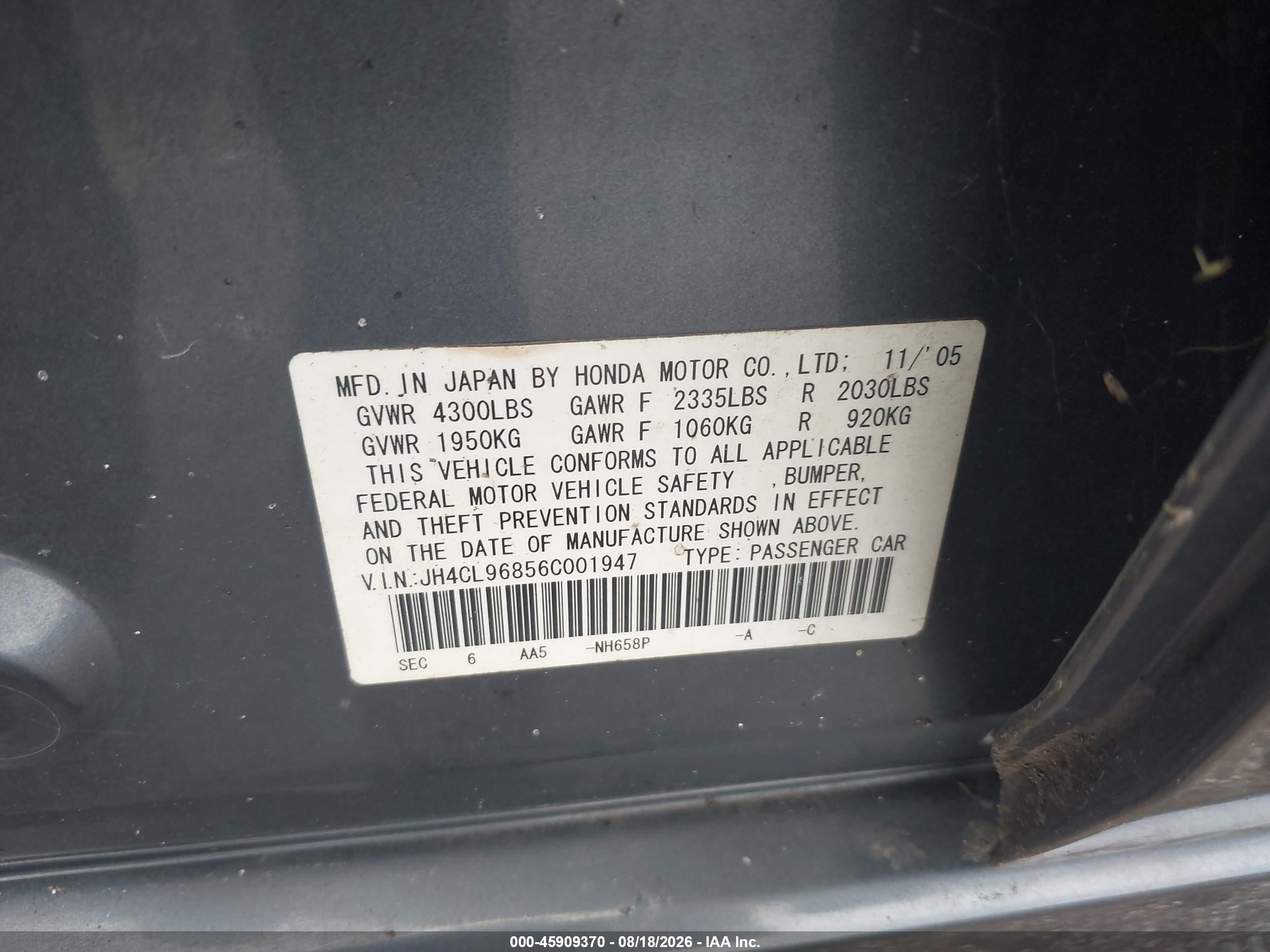 2006 Acura Tsx   Gray vin: JH4CL96856C001947