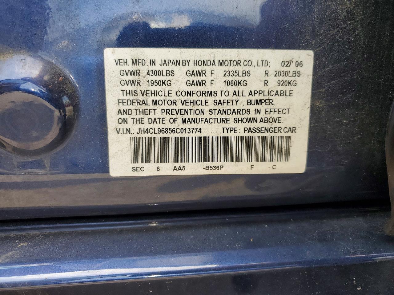 2006 Acura Tsx Blue vin: JH4CL96856C013774
