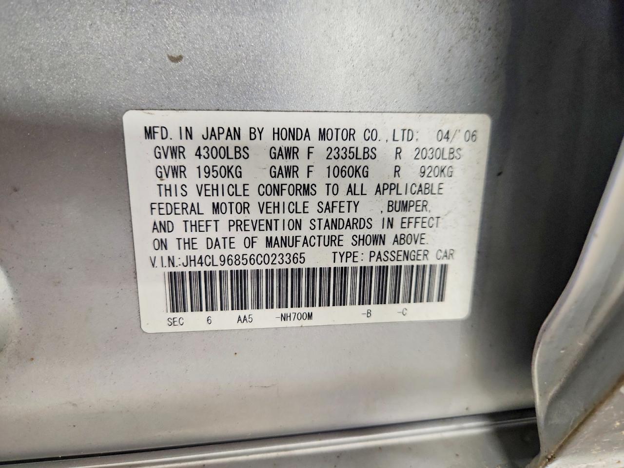 2006 Acura Tsx Silver vin: JH4CL96856C023365