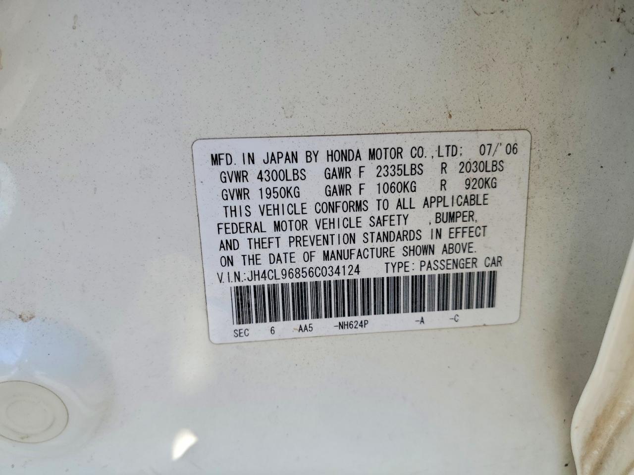 2006 Acura Tsx White vin: JH4CL96856C034124
