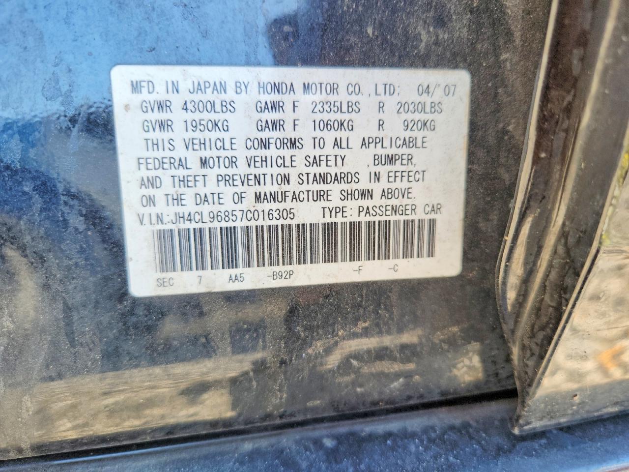 2007 Acura Tsx Black vin: JH4CL96857C016305