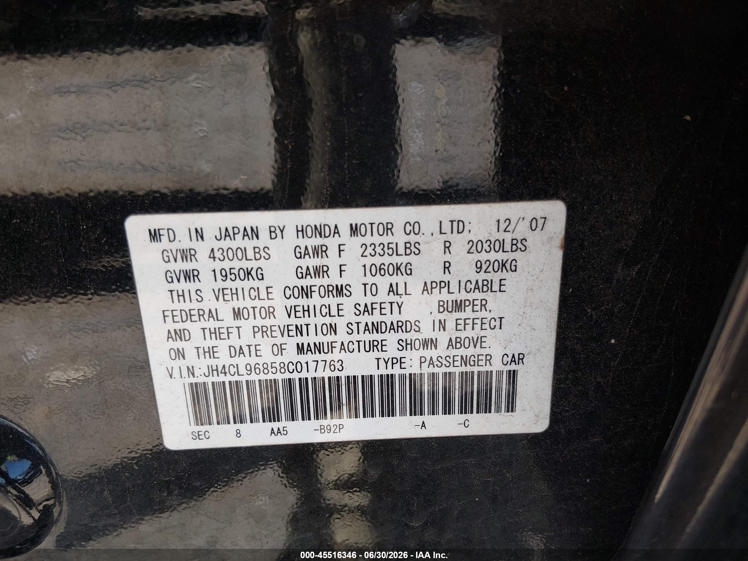 2008 Acura Tsx   Black vin: JH4CL96858C017763