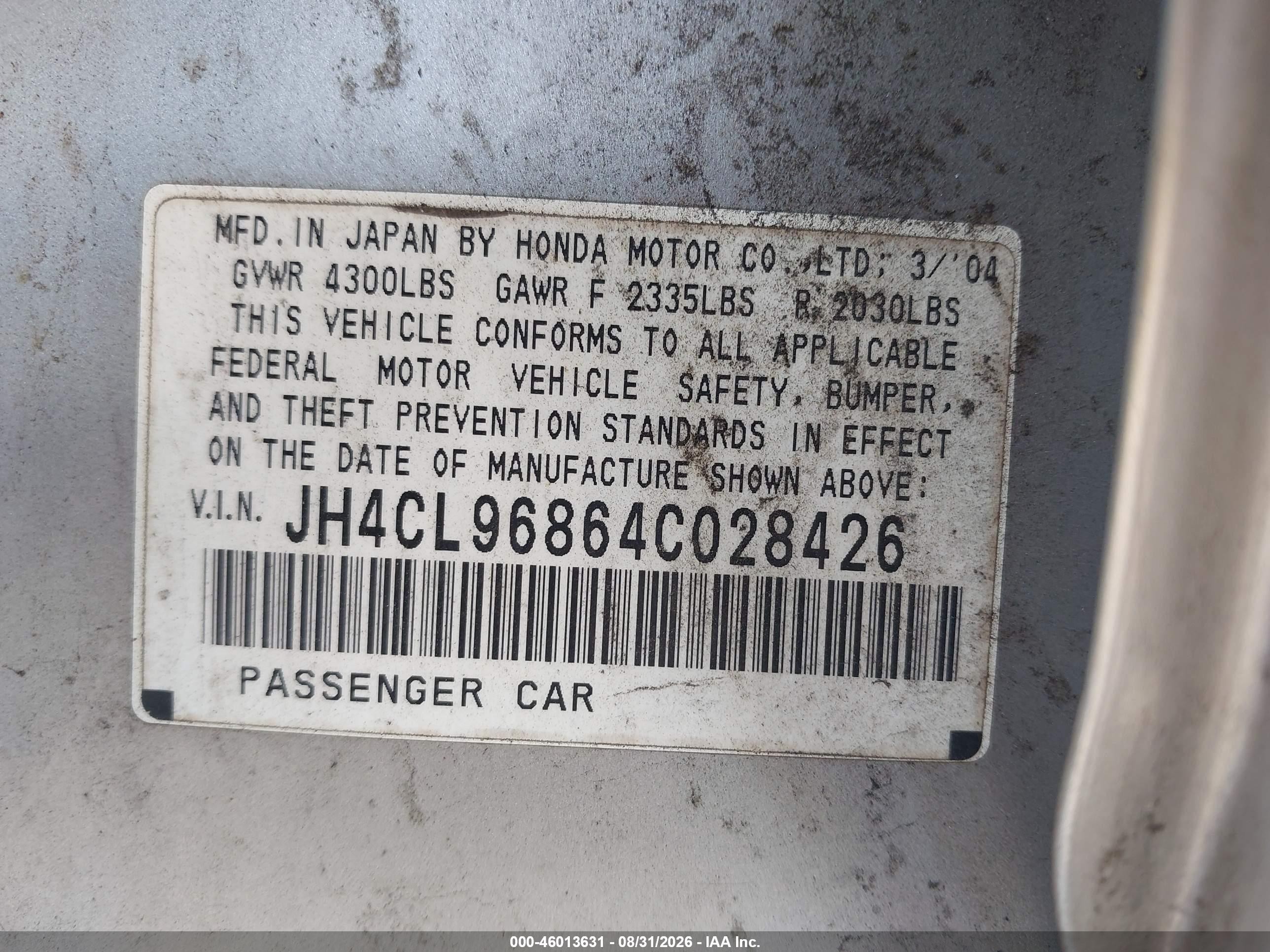 2004 Acura Tsx   Silver vin: JH4CL96864C028426