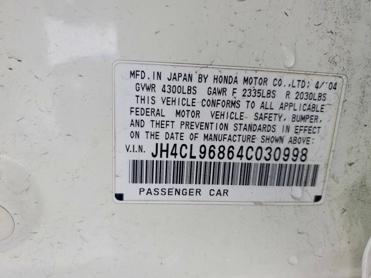 2004 Acura Tsx White vin: JH4CL96864C030998