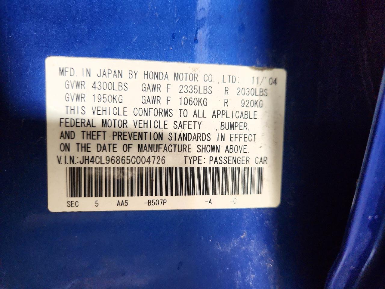 2005 Acura Tsx Blue vin: JH4CL96865C004726