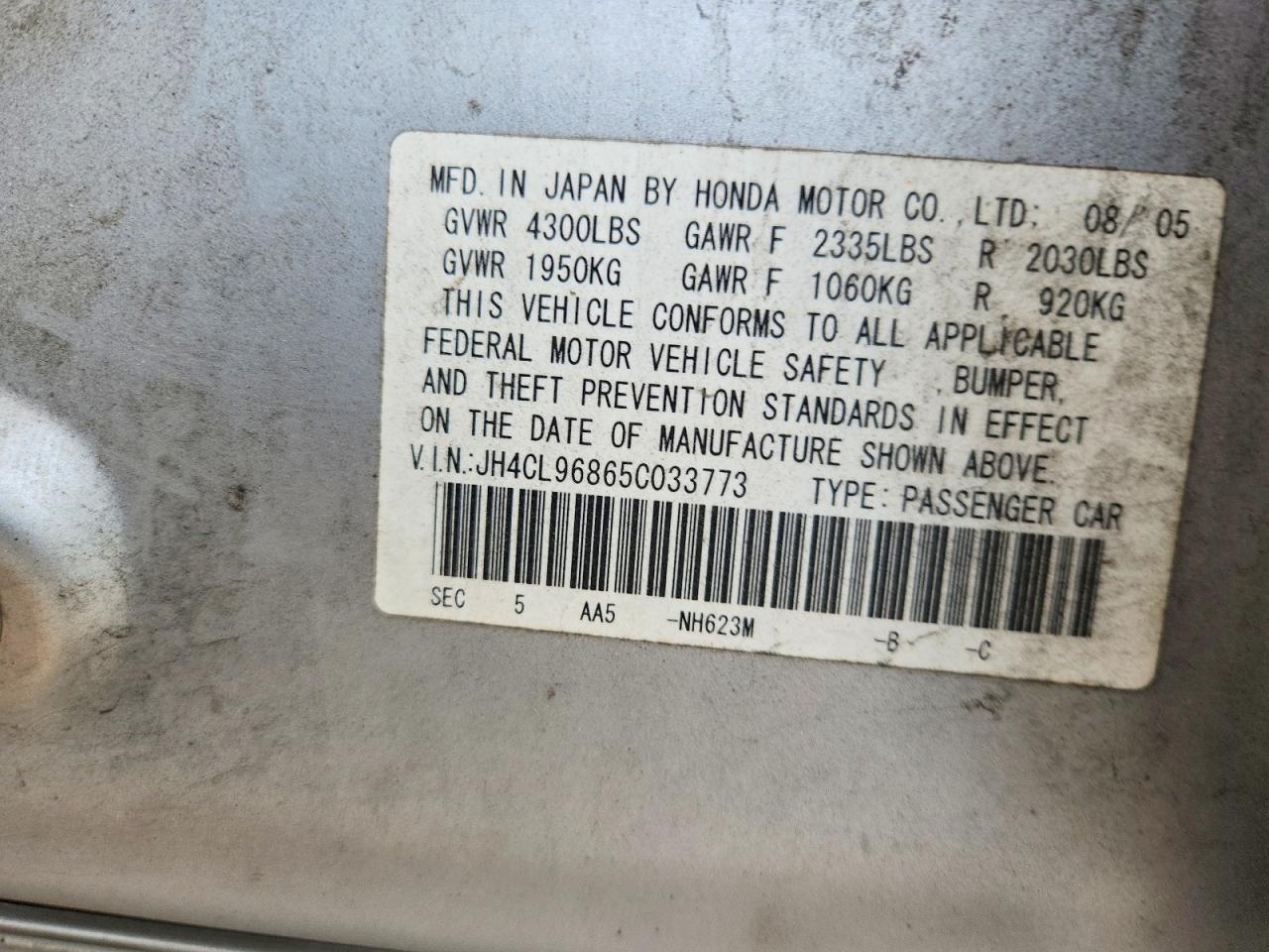 2005 Acura Tsx Silver vin: JH4CL96865C033773