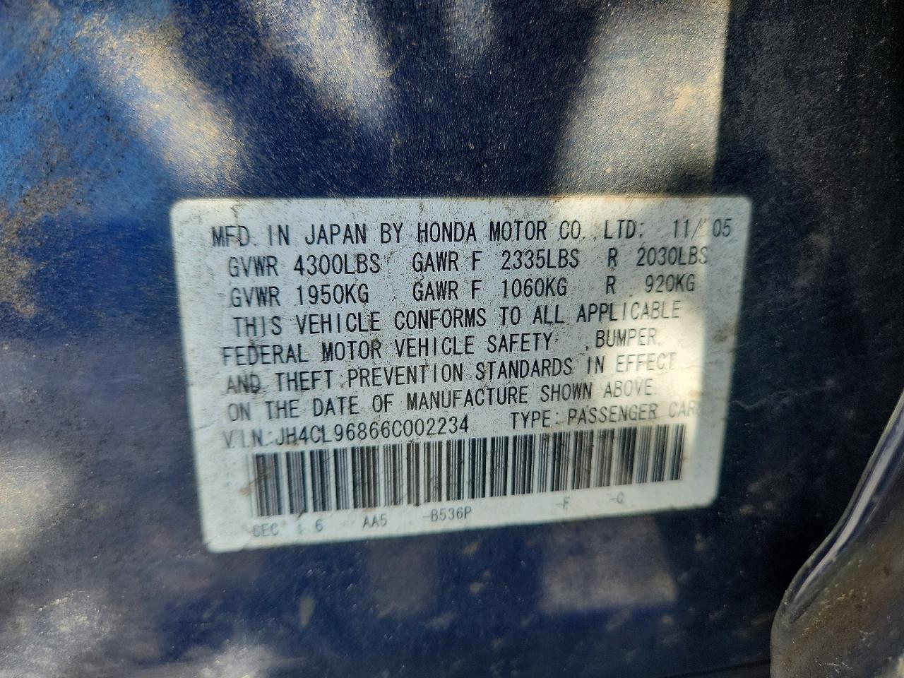 2006 Acura Tsx Blue vin: JH4CL96866C002234
