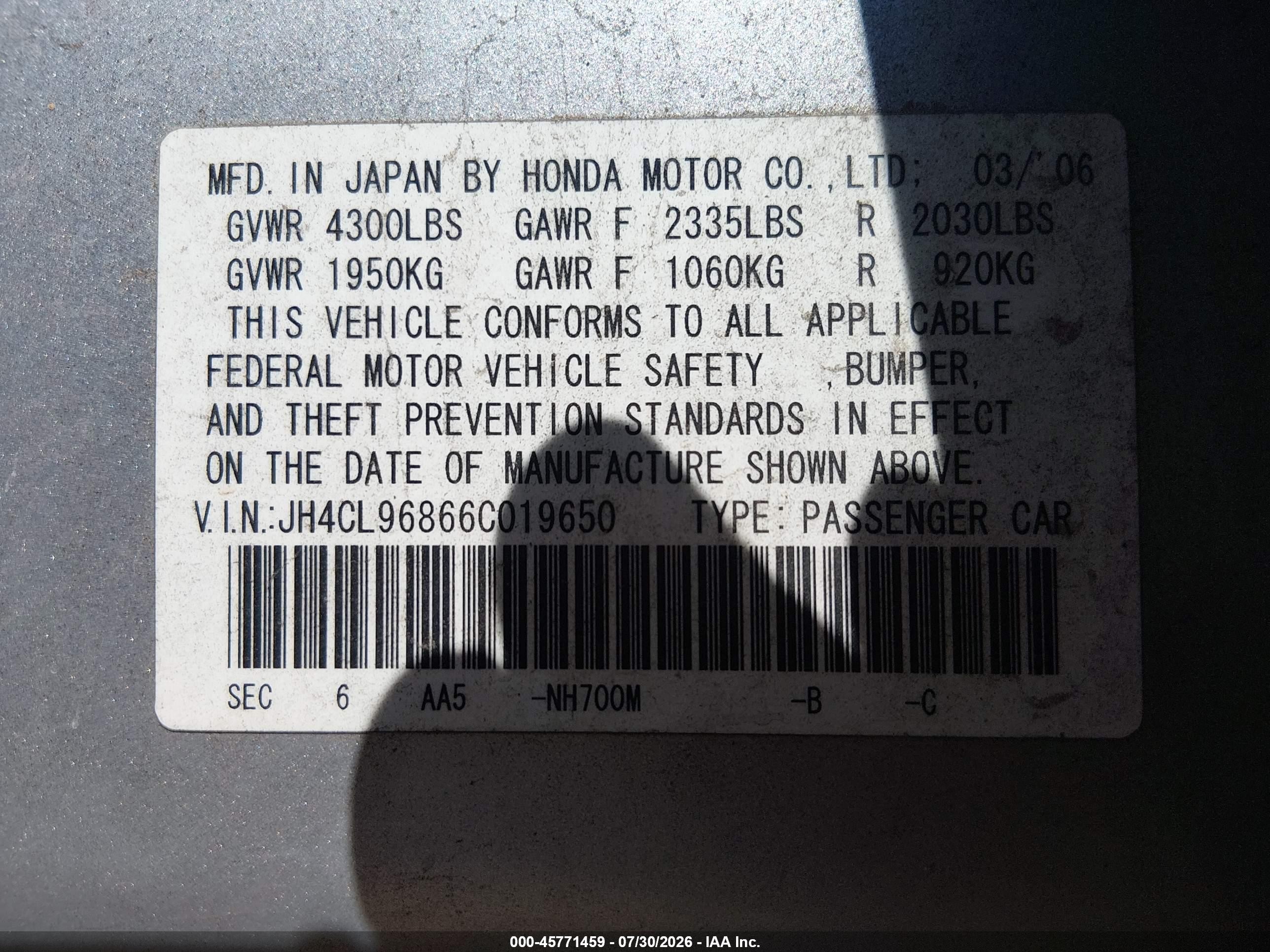 2006 Acura Tsx   Серебряный vin: JH4CL96866C019650