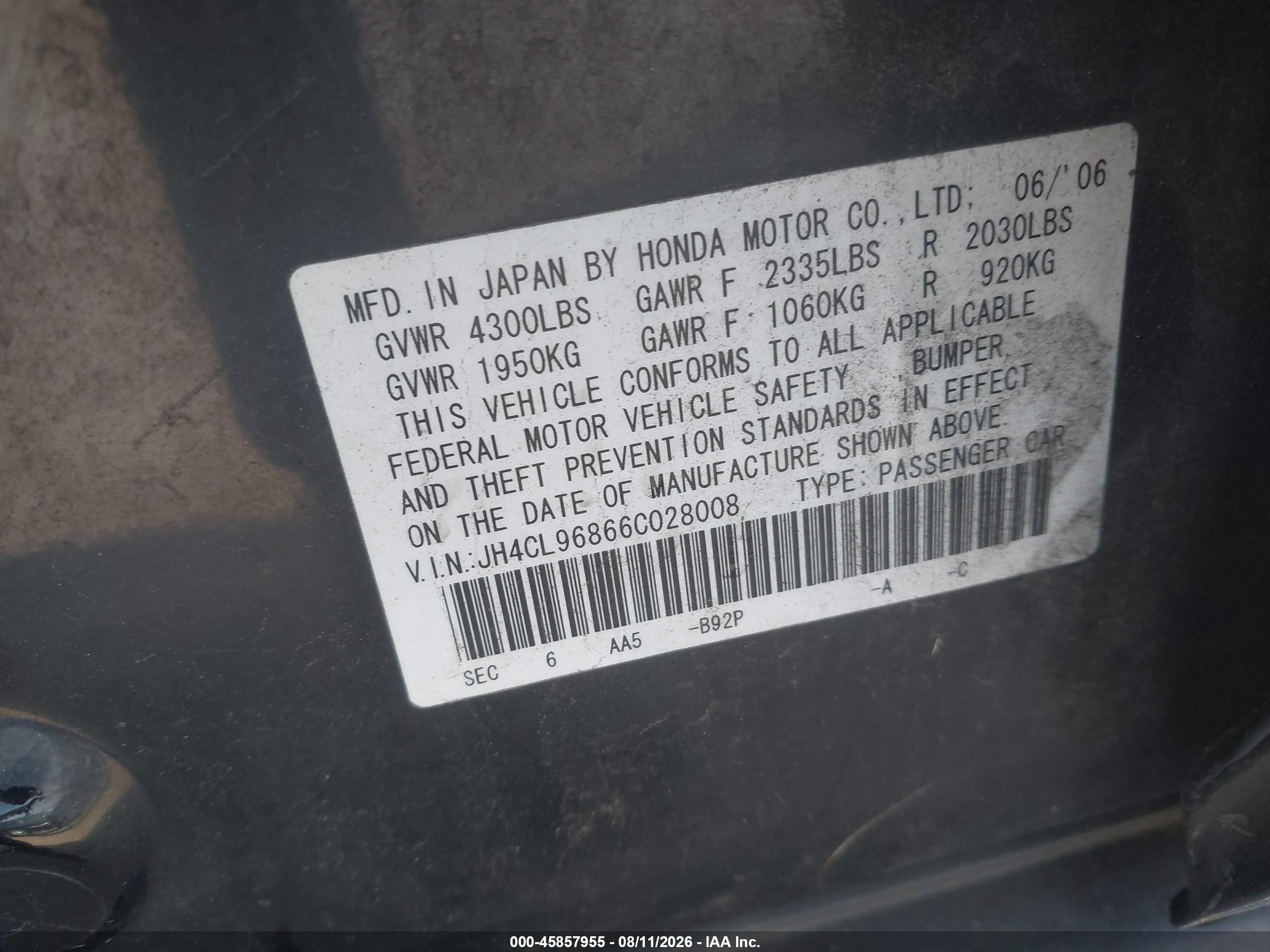 2006 Acura Tsx   Black vin: JH4CL96866C028008