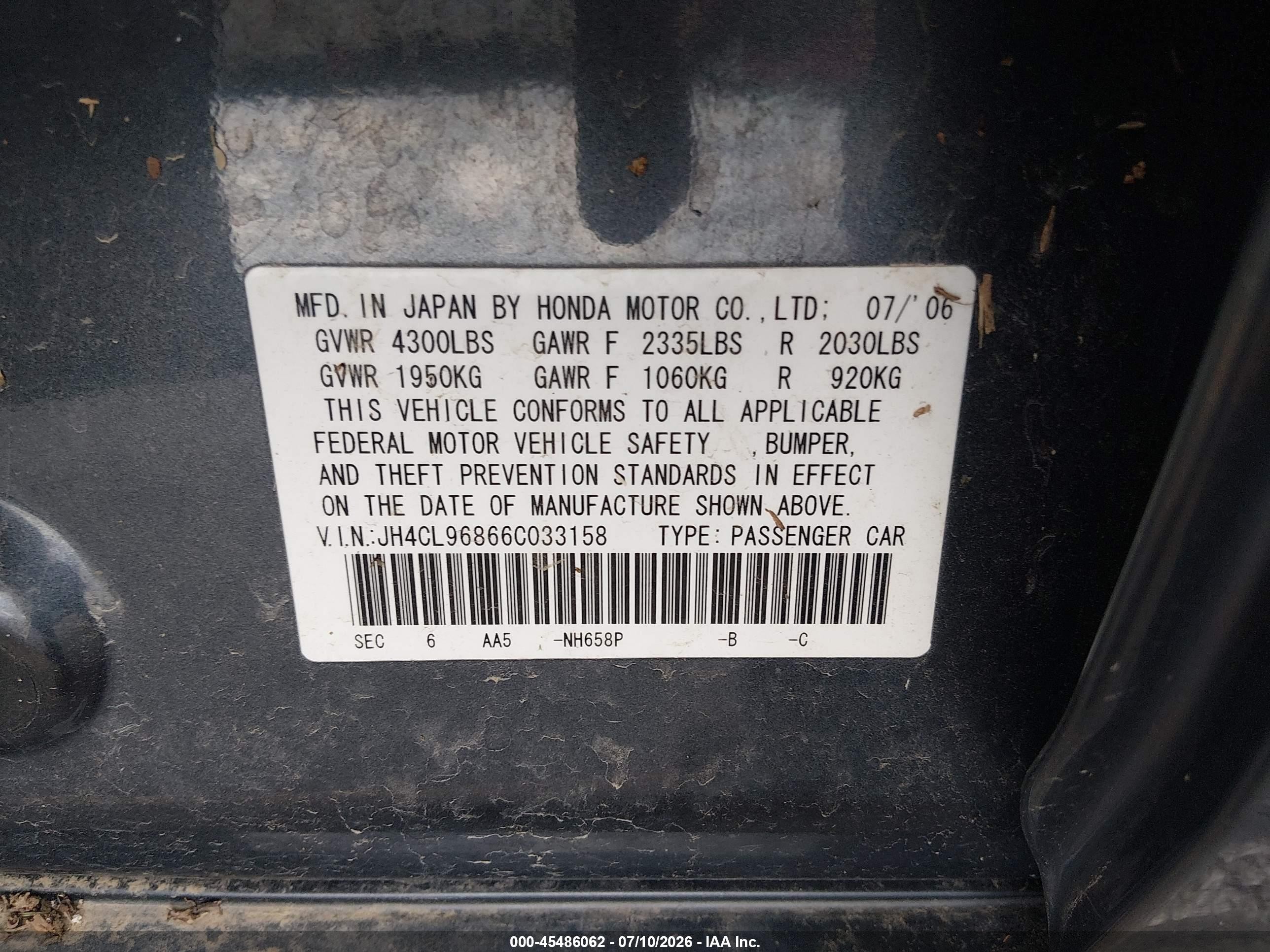 2006 Acura Tsx   Gray vin: JH4CL96866C033158