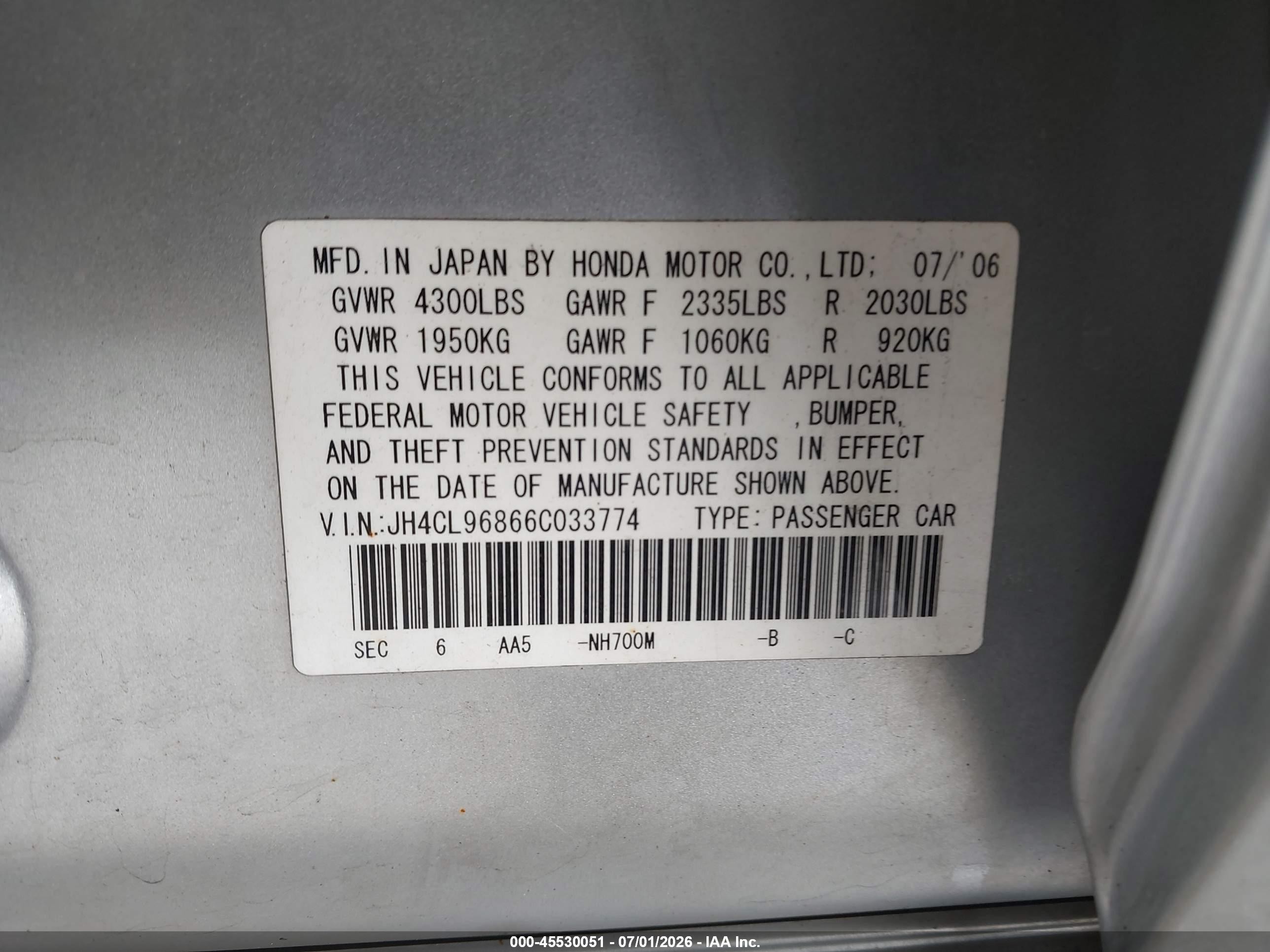2006 Acura Tsx Silver vin: JH4CL96866C033774