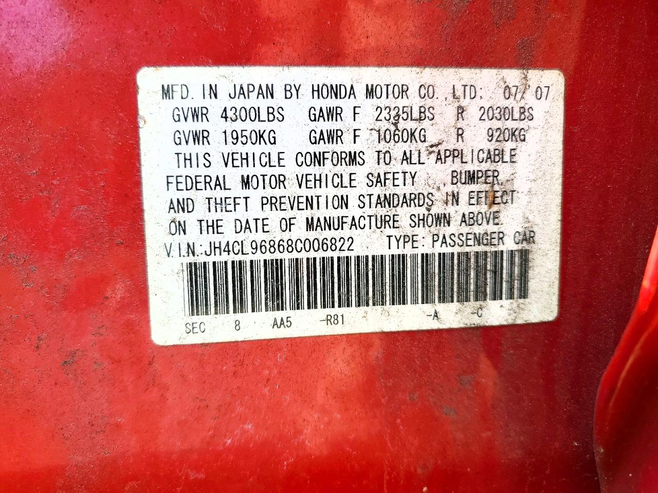2008 Acura Tsx Red vin: JH4CL96868C006822