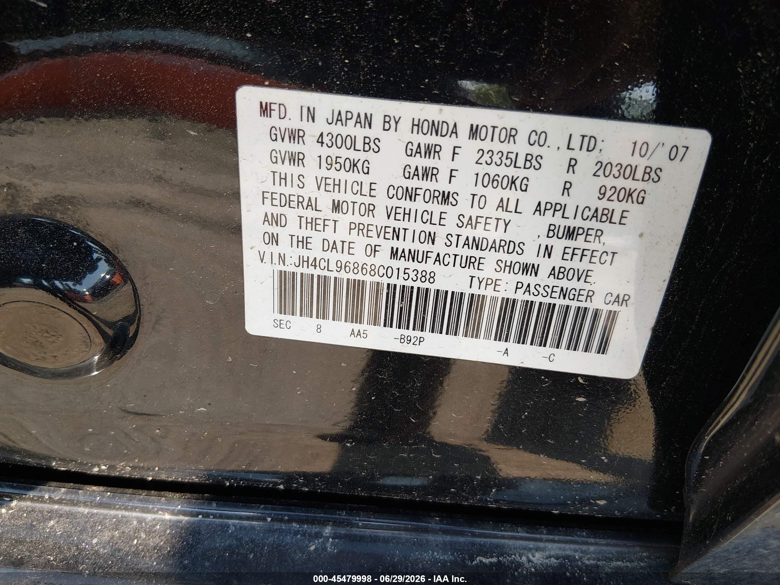 2008 Acura Tsx   Black vin: JH4CL96868C015388