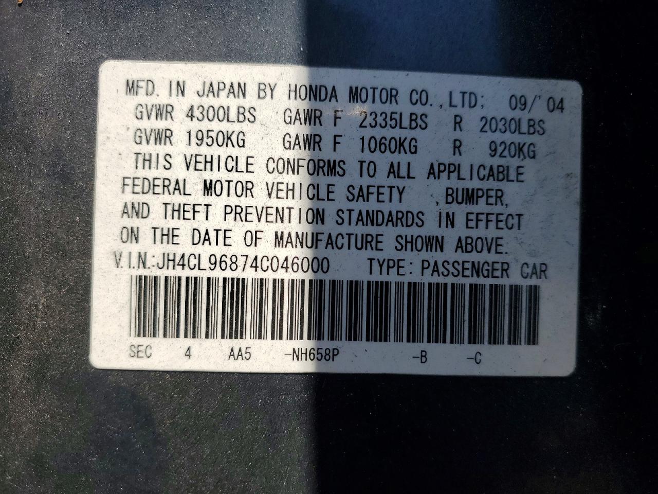 2004 Acura Tsx Gray vin: JH4CL96874C046000