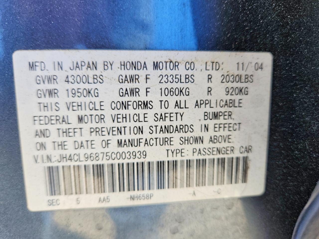 2005 Acura Tsx Gray vin: JH4CL96875C003939